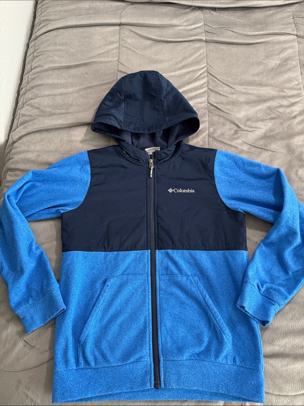 Columbia fleece lined  Blue & Navy Hooded Kids full zip hoodie sweater jacket M